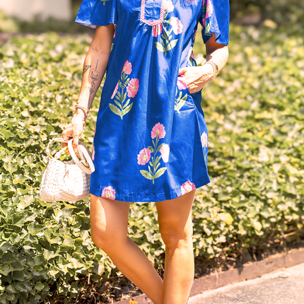 Blue Floral Short Sleeve Split Neck Loose Mini Dress