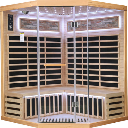 Family Style Pentagonal Sauna Room with Carbon Heating Plates in American White Oak Finish