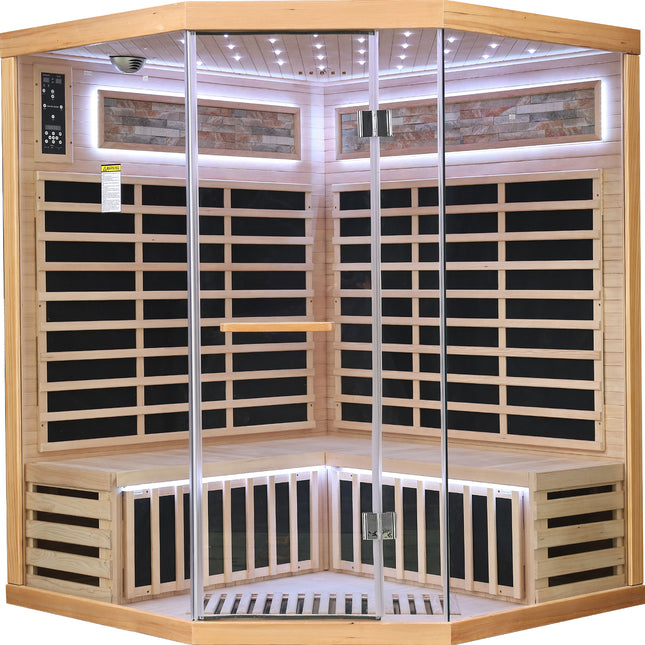 Family Style Pentagonal Sauna Room with Carbon Heating Plates in American White Oak Finish