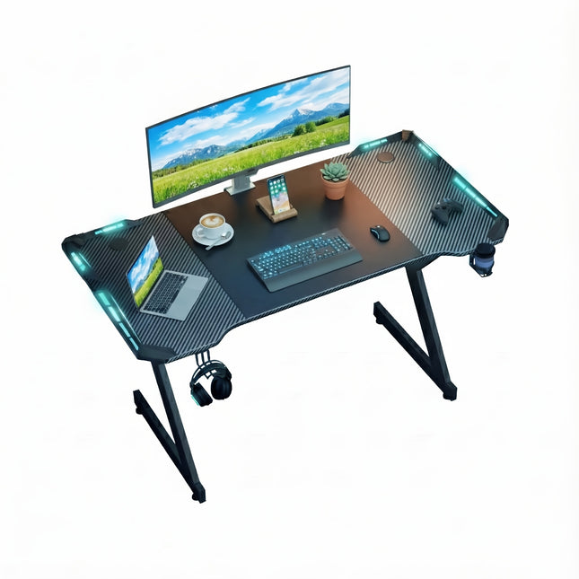 Gaming Desk With Carbon Fiber Desktop And 4 LED Lights, Sturdy Home/office