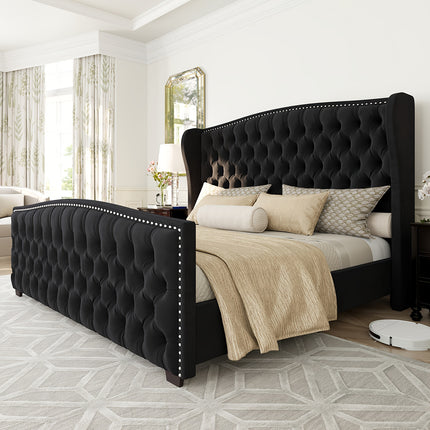 Handcrafted Velvet Bed Frame Featuring a Wingback Headboard,