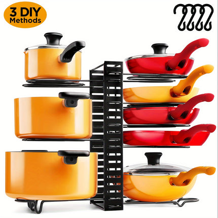 8-Tier Adjustable Pot Rack Cabinet Storage - Organize Kitchen Pots, Bowls, Utensils with 4 Hooks