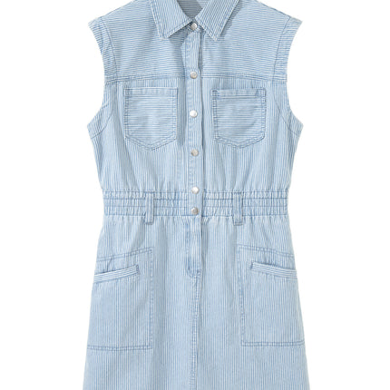 Sky Blue Stripe Collared Button Front Sleeveless Denim Mini Dress