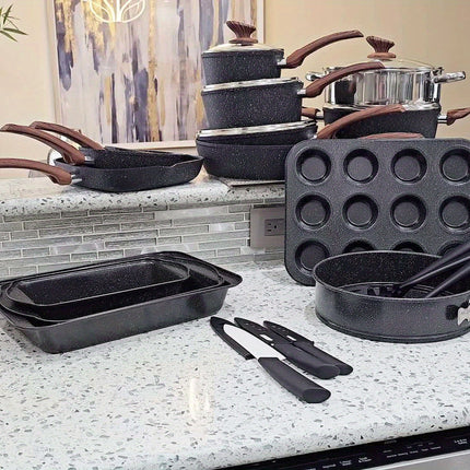 12/17/30 Pieces Induction Kitchen Cookware Set, Granite Coating Cooking Pans Set (Black, Green)