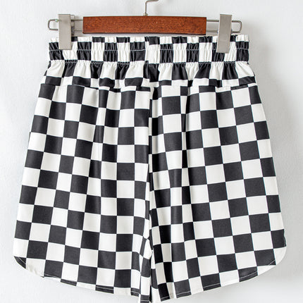 Black Checkered Print High Waist Casual Shorts