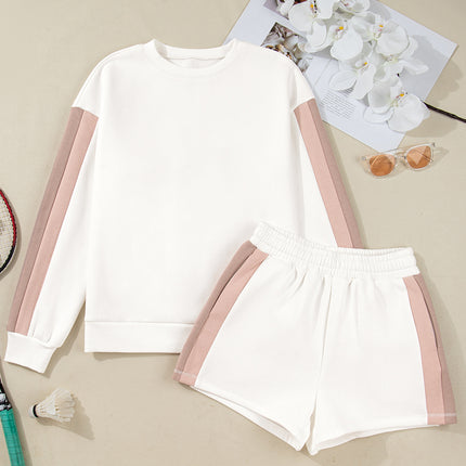 White Color Block Patchwork Drop Shoulder Pullover Casual Shorts 2pcs Outfit