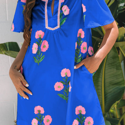 Blue Floral Short Sleeve Split Neck Loose Mini Dress