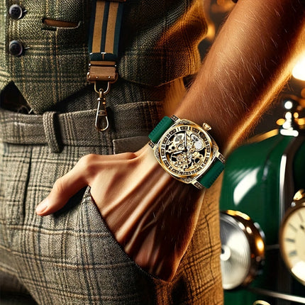 1pc Men'S Green Tape Gorgeous Retro Fully Automatic Hollow Mechanical Watch, Without Battery