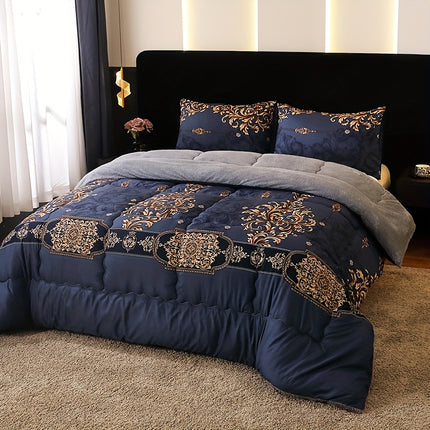 1pc Luxury Fleece Bedspread - Deep Navy Blue & Golden Floral Print, All-Season Soft Warmth