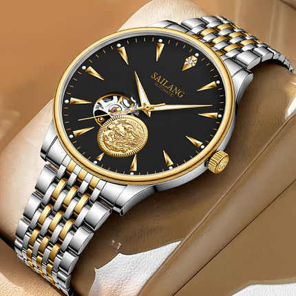 Men's Automatic Mechanical Skeleton Watch with Adjustable Metal Band, Black Dial & Golden Accents