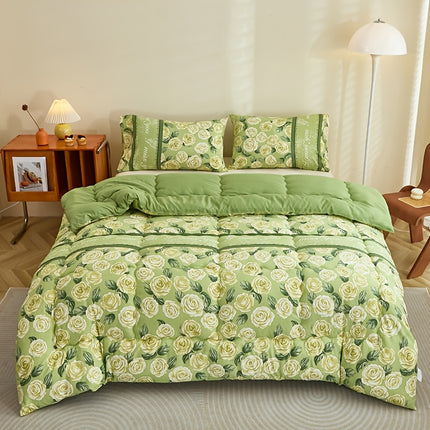 3pcs Fresh Green Rose Floral Comforter Set  Active Print, Multi-directional Quilting, High-Rebound Polyester Filling,