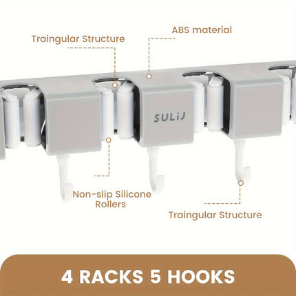 Mop Holder with Hooks - Heavy-Duty ABS Plastic Broom Organizer for Bathroom, Kitchen, Closet