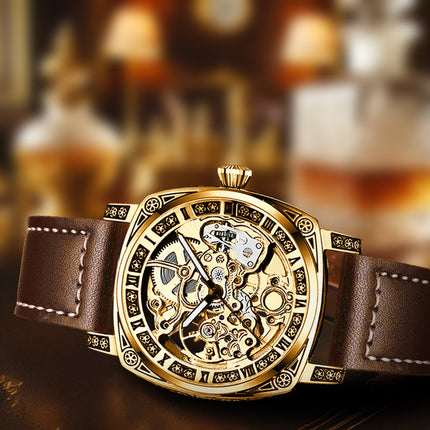 1pc Men'S Yellow Brown PU Belt Street Rascal Handsome Carved Tourbillon Fully Automatic