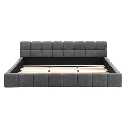 King Size Elegant Soft Chenille Upholstered Bed with Checkerboard Headboard - Frame Bed