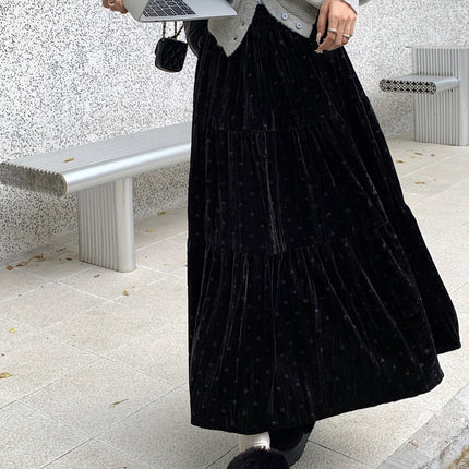 Women'S Elegant Heart Pattern Velvet Skirt - High-Waisted A-Line Long Skirt with Ruffled Hem