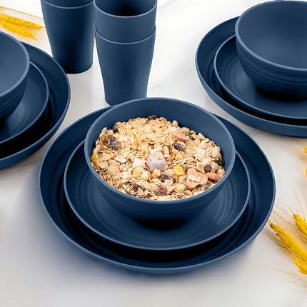 Blue Dinnerware Set for 4 People, Consisting of Plates, Bowls, And Cups, Microwave-Safe And Dishwasher