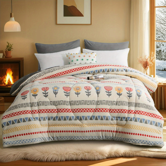 Warm And Thick Bohemian Floral And Geometric Design Quilt, Soft Winter Duvet,