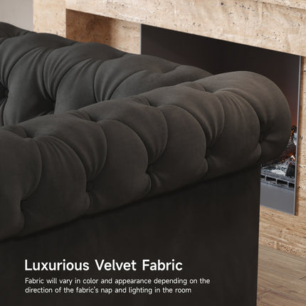 Sofa In Black Velvet, Featuring Rolled Arms, 23.6" Deep Seat With Two Throw Pillows