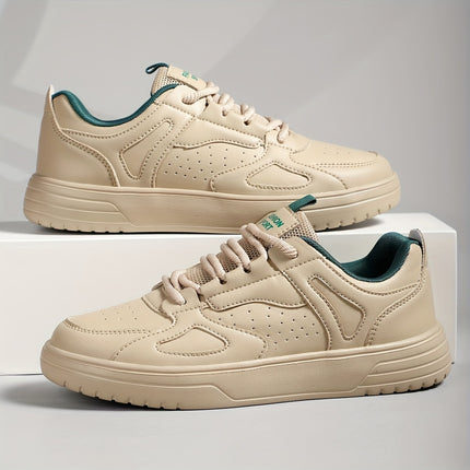 Men's Low-Top Sneakers Lightweight Breathable Geometric Color-Block Design (Beige/Green)