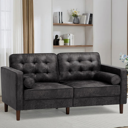 Leather Loveseat Sofa with 2 Bolster Pillows, Modern Two Seat Sofa with Tufted Backrests