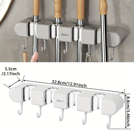 Mop Holder with Hooks - Heavy-Duty ABS Plastic Broom Organizer for Bathroom, Kitchen, Closet