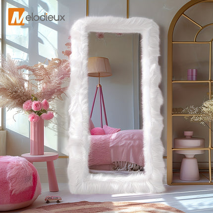 32"x71" Rectangle Floor Mirror Full Length Mirror With Stand White Shaggy Fur Framed Mirror Full Body