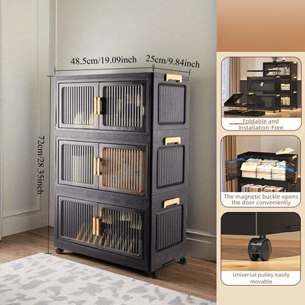 Modern Black Storage Cabinet with Transparent Doors & Golden Hinges - Heavy-Duty Plastic Multi(