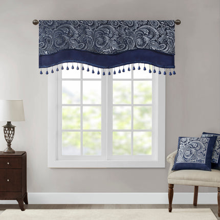 Jacquard Window Rod Pocket Valance With  ds Navy 50x18'