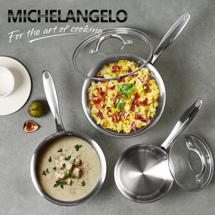 Premium 18/10 Stainless Steel Saucepan Set 6pc Tri-Ply Nonstick Pots with Tempered Glass Lids