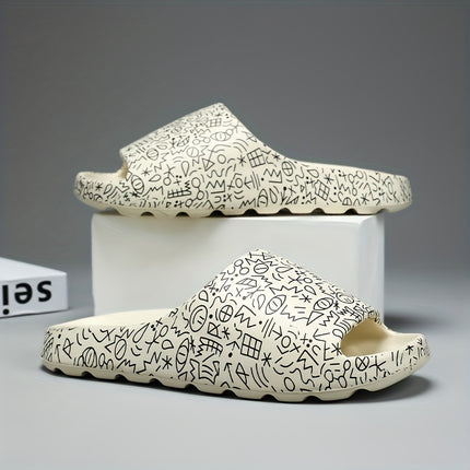 2 pcs Men's Plus Size Slippers, Men's Fashion Graffiti Casual Slides, Couples Indoor Outdoor Soft
