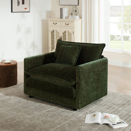 Comfy Deep Single Seat Sofa Upholstered Reading Armchair Living Room Chair Green Chenille Fabric , 1 Toss Pillow
