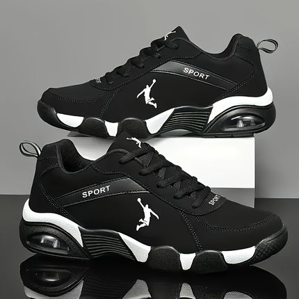 Air Cushion Casual Sneakers  Black/White Colorway, PU Upper, Geometric Design