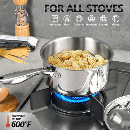 Premium 18/10 Stainless Steel Saucepan Set 6pc Tri-Ply Nonstick Pots with Tempered Glass Lids