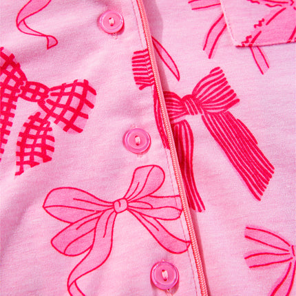 Pink Bow Knot Print Lapel Collar Short Sleeve and Pants Pajamas Set