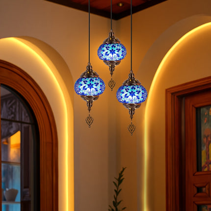 Turkish-Moroccan Mosaic Three-Head Ceiling Lamp Handmade Glass Shade, Mediterranean Style,