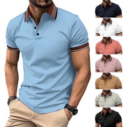 Summer Short-sleeved Polo Shirt For Men Business Colorblock Lapel Tops