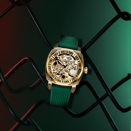 1pc Men's Vintage Roman Numeral Automatic Mechanical Watch - Green Strap