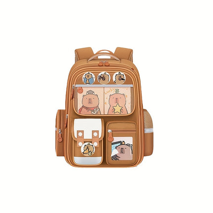 Brown Nylon Backpack with Adjustable Shoulder Straps, Zipper Closure, and Cute Cartoon Design,
