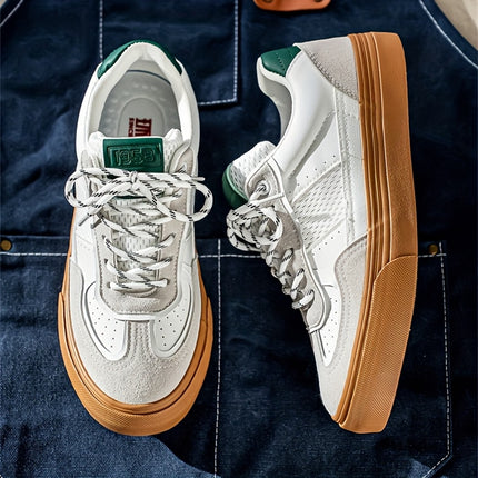 Men'S Retro Low-Top Sneakers - White & Green Accent Lace-Up Shoes with Golden-Tan Sole