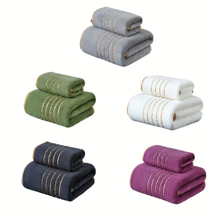2pcs Modern Striped Coral Fleece Bath Towel and Hand Towel Set, Highly Absorbent