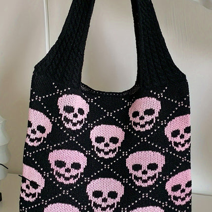 Black Plaid Skull Knit Tote Bag