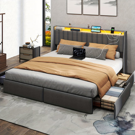 Full Queen King Bed Frame with 2 Storage Drawers And Luxury Wingback Upholstered Button Tufted Storage