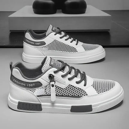 Men'S Breathable Mesh Casual Sports Shoes- White and Green Low-top Lace-up Shoes with EVA Cushioning