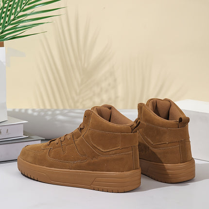 1 Pair Vintage Wheat Brown High-Top Sneakers for Men, Geometric Pattern Fabric Upper