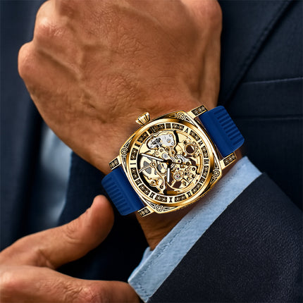 1pc Men's Yellow and Blue Tape Elegant Carved Roman Rotating Mechanical Watch