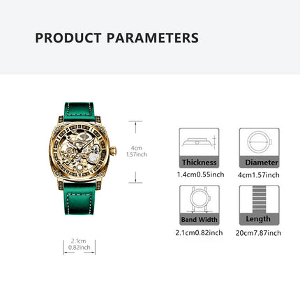 1pc Men'S Luxury Mechanical Watch with Green PU Strap - Automatic Winding Movement