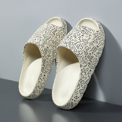 2 pcs Men's Plus Size Slippers, Men's Fashion Graffiti Casual Slides, Couples Indoor Outdoor Soft