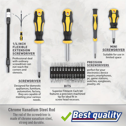 43pcs Professional Screwdriver Set with Magnetic Bit Holder - Chrome Vanadium Steel,