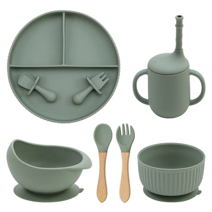 Baby Silicone Cookware Feeding Plate Bowl Set Non-Slip Suction Food Dishes Drinking Cup BPA Free Fork Spoon Children's Tableware