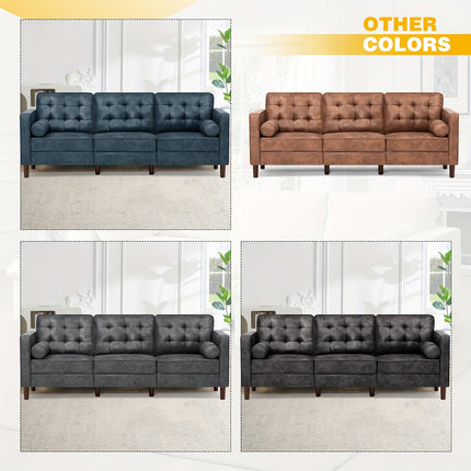 Leather Couch Featuring 2 Bolster Cushions, Contemporary Three-Seater Sofa with Tufted Backrests